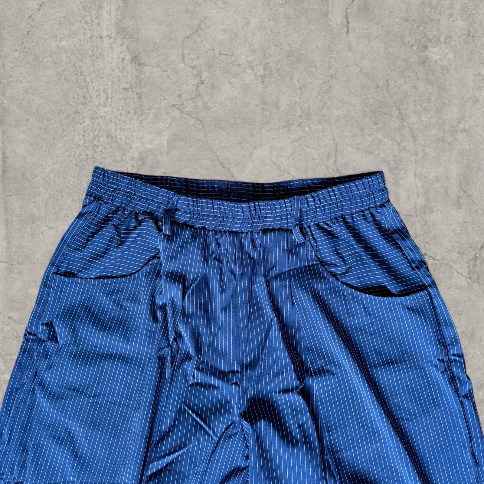 Vintage Style Pinstriped Wide Leg Trousers – Navy Blue, White Grey Stripes.