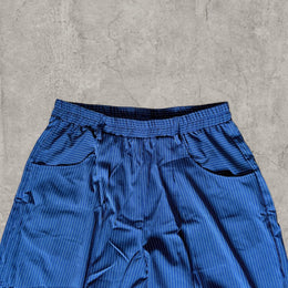 Vintage Style Pinstriped Wide Leg Trousers – Navy Blue, White Grey Stripes.