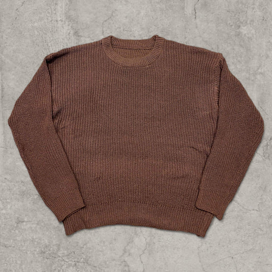 Brown knitted jumper laid flat front view showing crew neck and long sleeves
