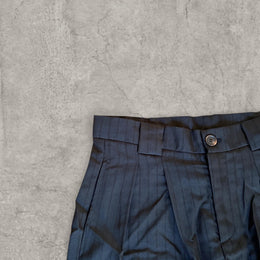 Vintage style baggy wide leg pinstriped tailored trousers in black with grey pinstripes.