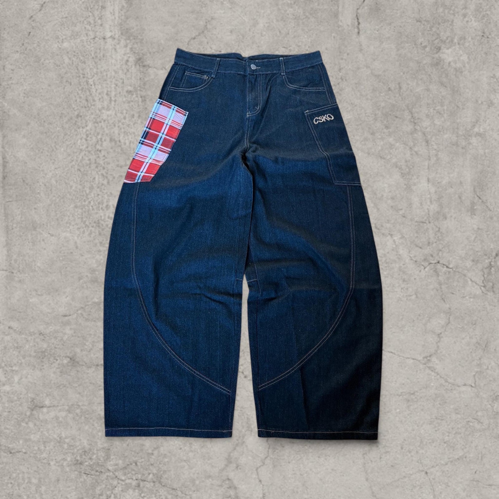 Cool wide leg skater Japanese style plaid jeans in navy blue.