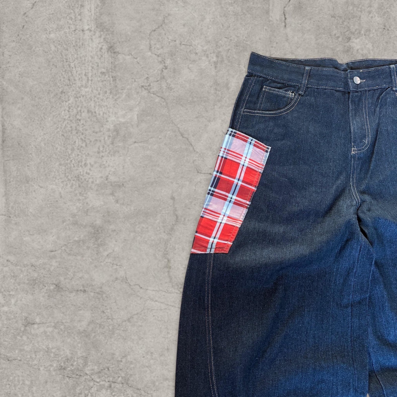 Cool wide leg skater Japanese style plaid jeans in navy blue.