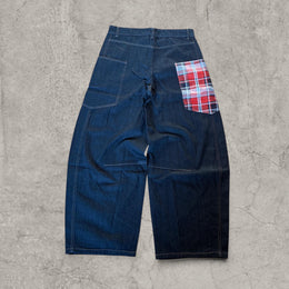 Cool wide leg skater Japanese style plaid jeans in navy blue.