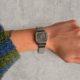 Cool retro metal chain link watch with square face in grey. One size.