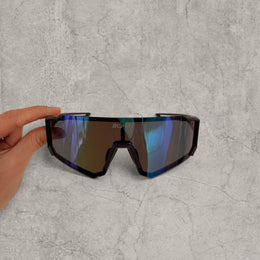 Insane sport sunglasses in black with blue purple reflective lenses. One size