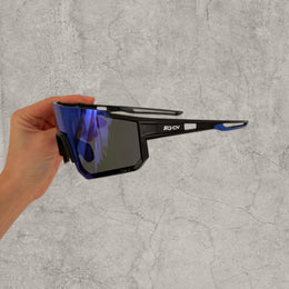 Insane sport sunglasses in black with blue purple reflective lenses. One size