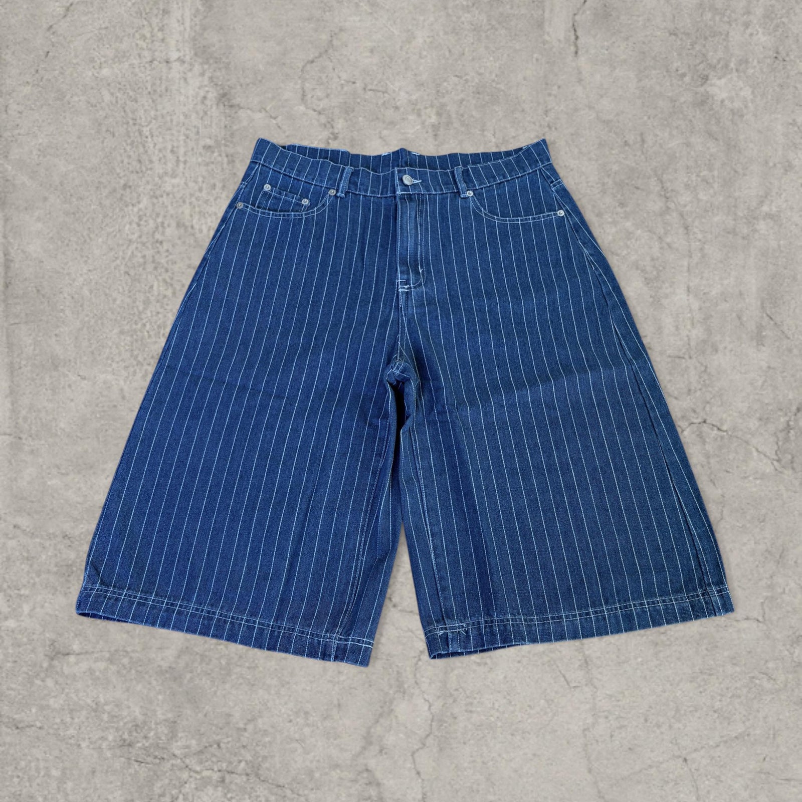 Wide leg denim jorts shorts with pinstripes in navy blue