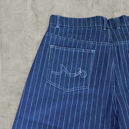 Wide leg denim jorts shorts with pinstripes in navy blue