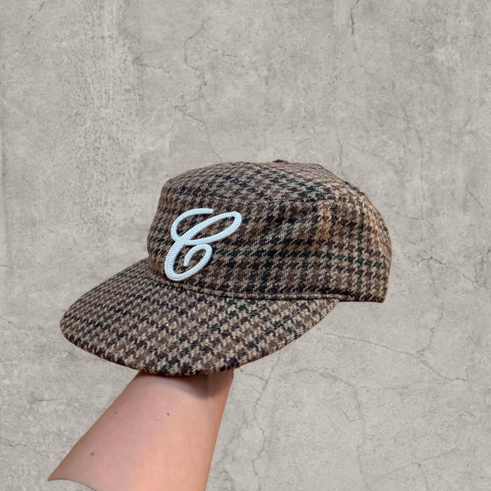 Vintage style baseball cap in plaid checkered brown beige white with white logo