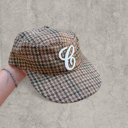 Vintage style baseball cap in plaid checkered brown beige white with white logo