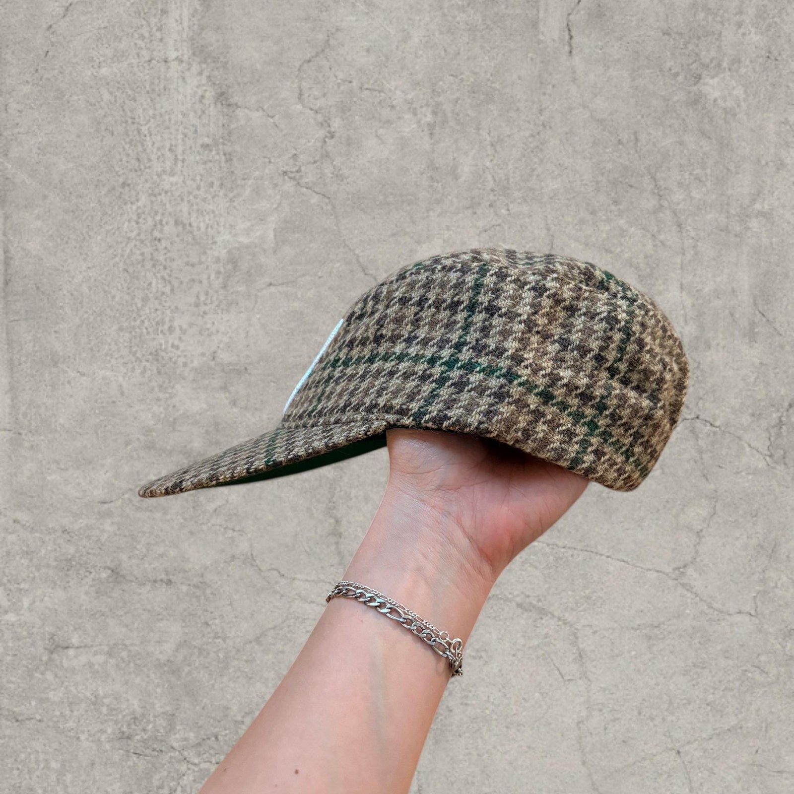Vintage style baseball cap in plaid checkered brown beige white with white logo