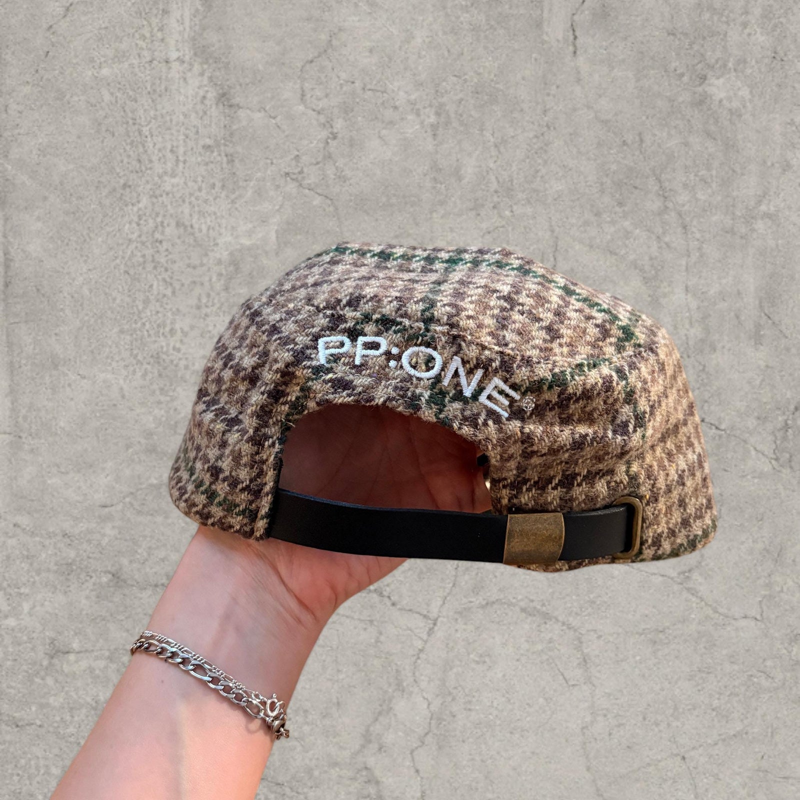 Vintage style baseball cap in plaid checkered brown beige white with white logo