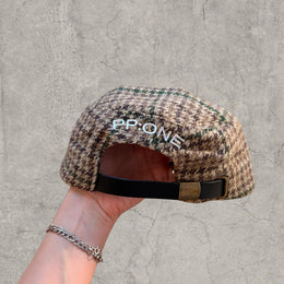 Vintage style baseball cap in plaid checkered brown beige white with white logo
