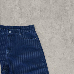 Wide leg denim jorts shorts with pinstripes in navy blue