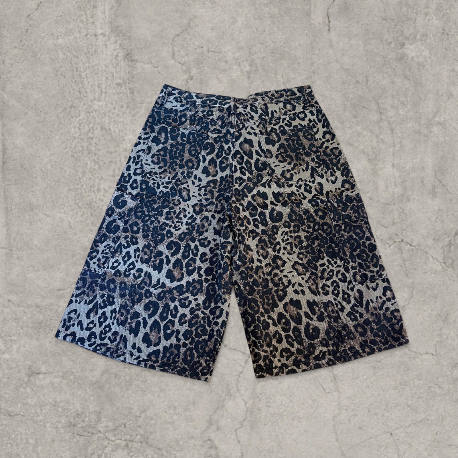 Retro 90s denim skater leopard jorts shorts in brown.