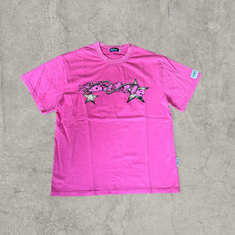 Battle vintage style T-shirt with back graphic in pink and black.