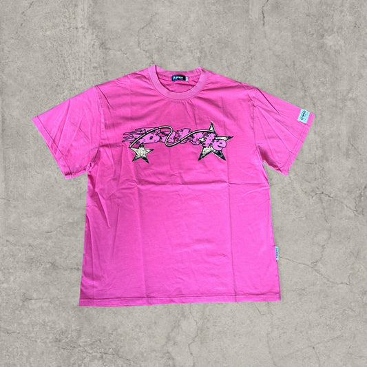 Pink short-sleeve T-shirt with Battle spellout graphic and stars on the chest