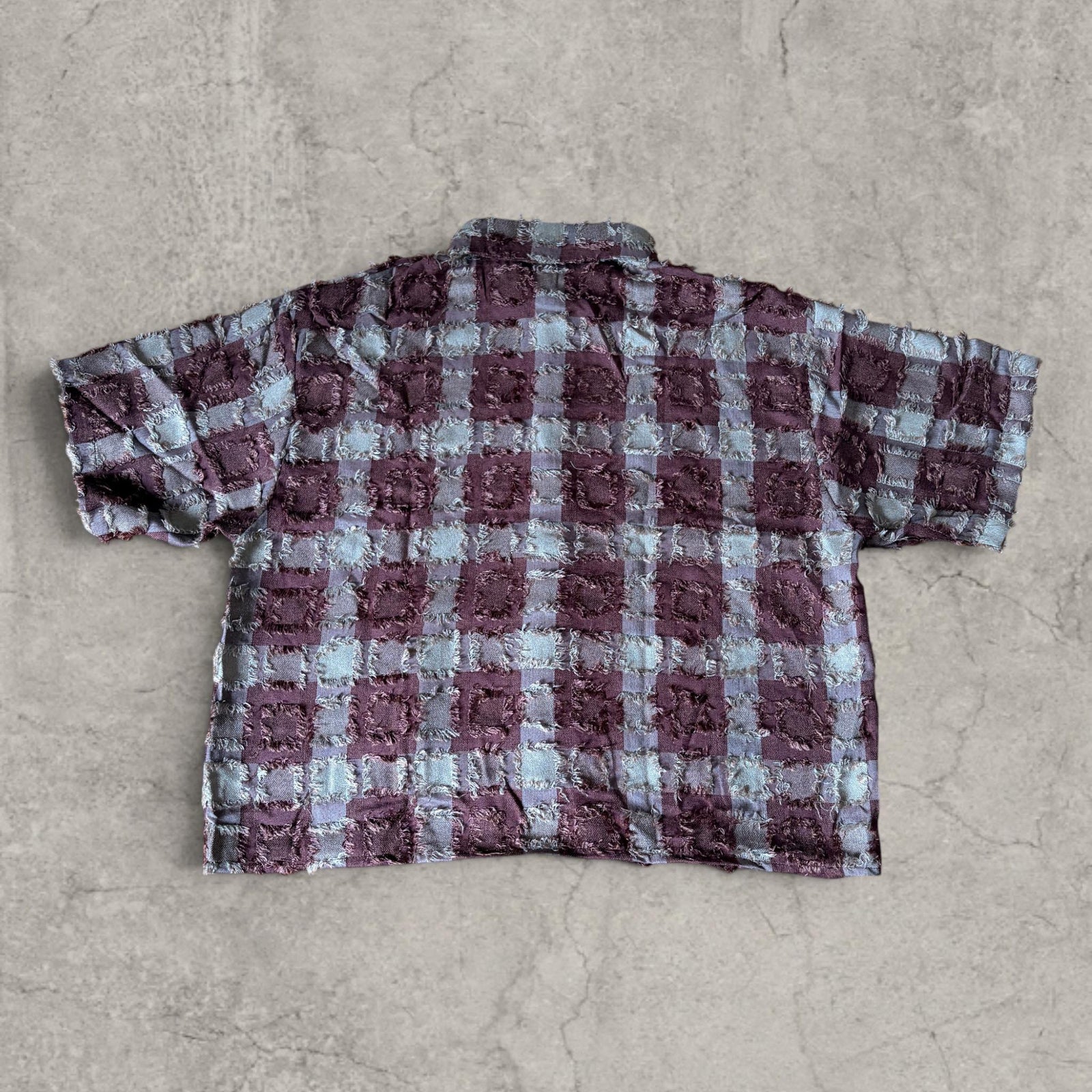 Boxy Burgundy Purple Checkered Shirt: Distressed 90s Style Short Sleeve