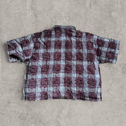 Boxy Burgundy Purple Checkered Shirt: Distressed 90s Style Short Sleeve