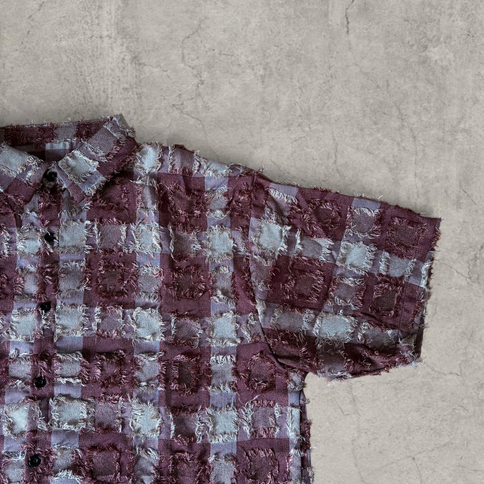 Boxy Burgundy Purple Checkered Shirt: Distressed 90s Style Short Sleeve
