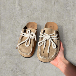 Lace-up mule platform shoes in beige brown suede