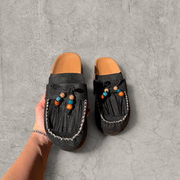 Retro Lace-Up Mules with Bead Detail – Black Vintage Style Shoes