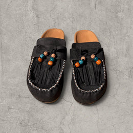 Retro Lace-Up Mules with Bead Detail – Black Vintage Style Shoes