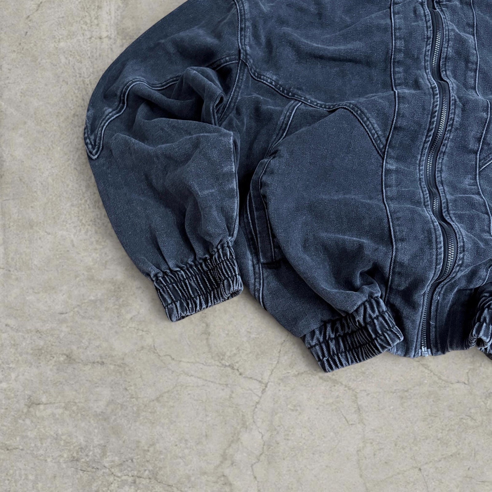 Vintage style collared denim bomber jacket in black and grey