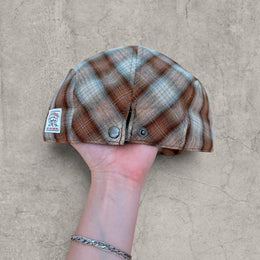 Flat peak beret cap in brown beige checkered plaid