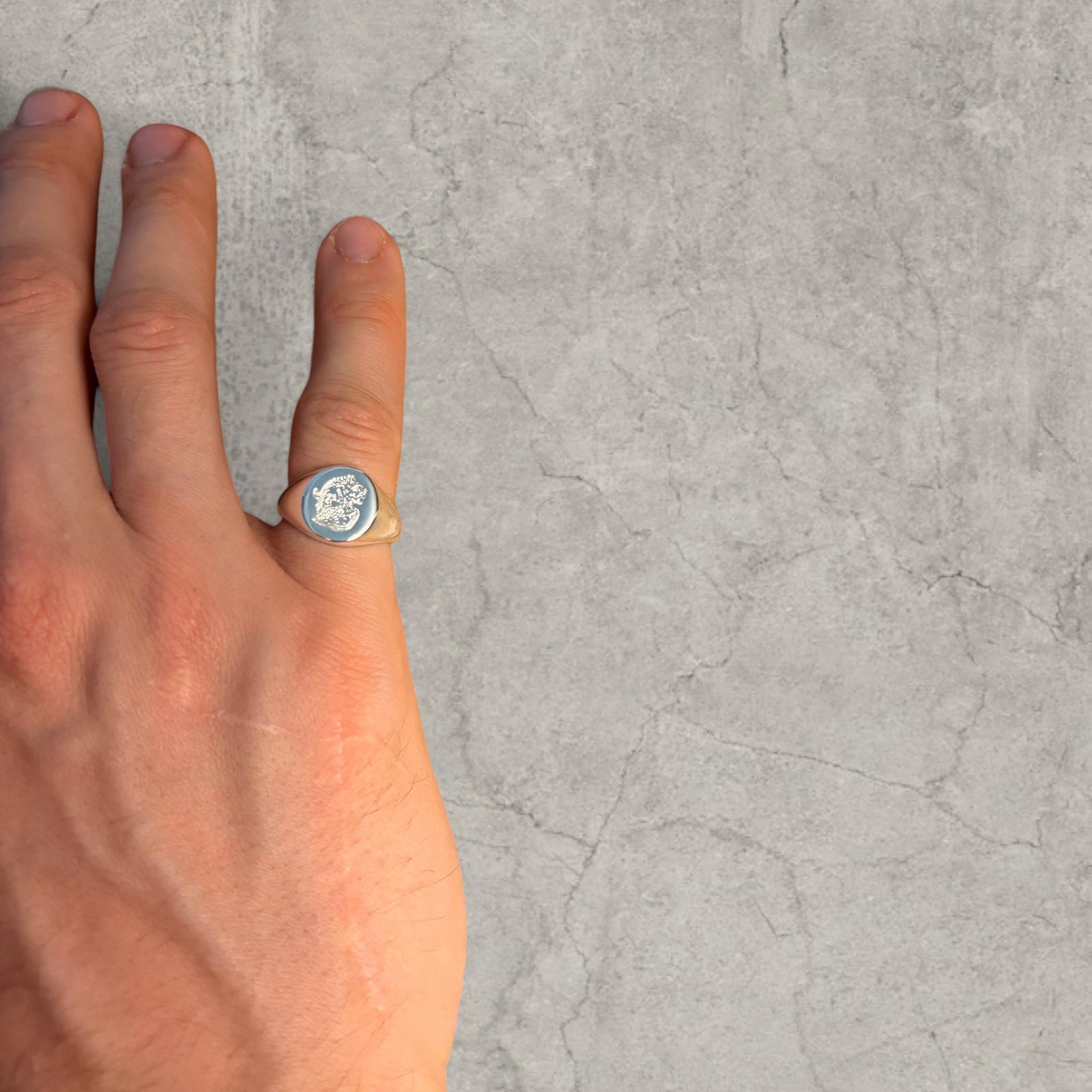 Cool vintage style silver colour stainless steel signet ring with engraved emblem.