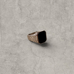 Cool vintage style silver colour stainless steel signet ring checkered with square black onyx gem.