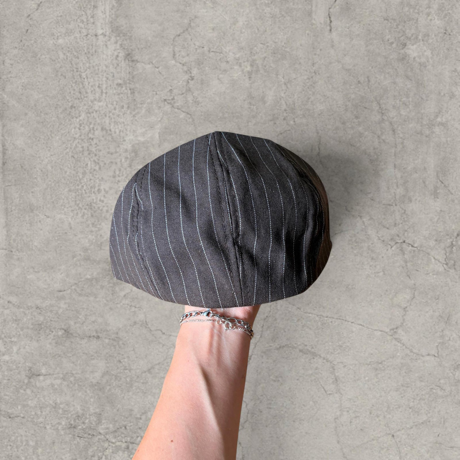 Vintage Plaid Flat Peak Beret Cap in brown with pinstripe. Unisex Style