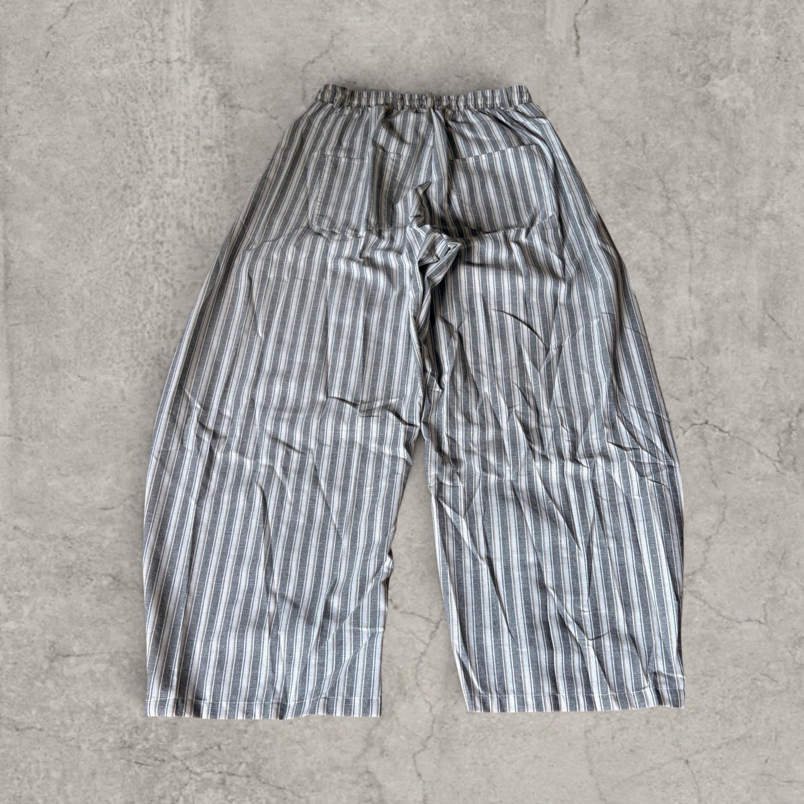 Vintage Style Striped Wide Leg Trousers: beige/blue pinstripe, Drawstring Waist.