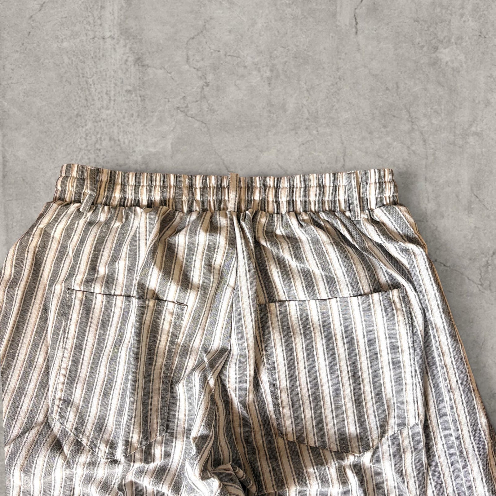 Vintage Style Striped Wide Leg Trousers: beige/blue pinstripe, Drawstring Waist.
