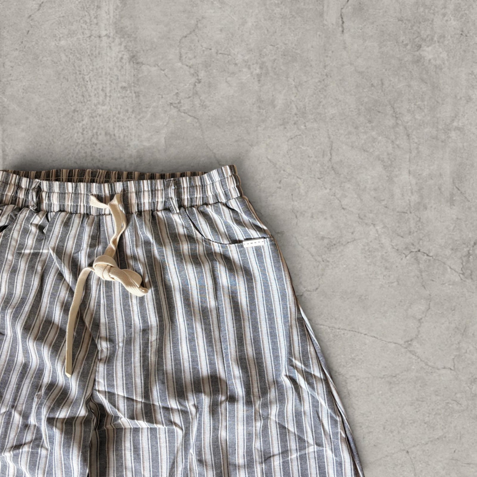 Vintage Style Striped Wide Leg Trousers: beige/blue pinstripe, Drawstring Waist.