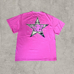 Battle vintage style T-shirt with back graphic in pink and black.