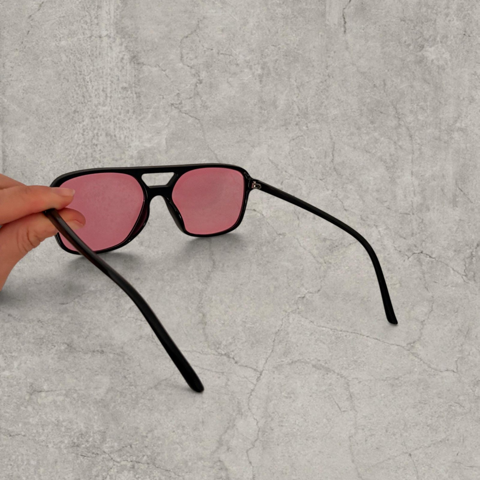 Vintage Aviator Style Pink Tint Sunglasses, Black Frame, Unisex UV400