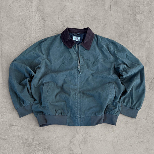 Dark green bomber harrington jacket laid flat showing front with collar, zip and pockets