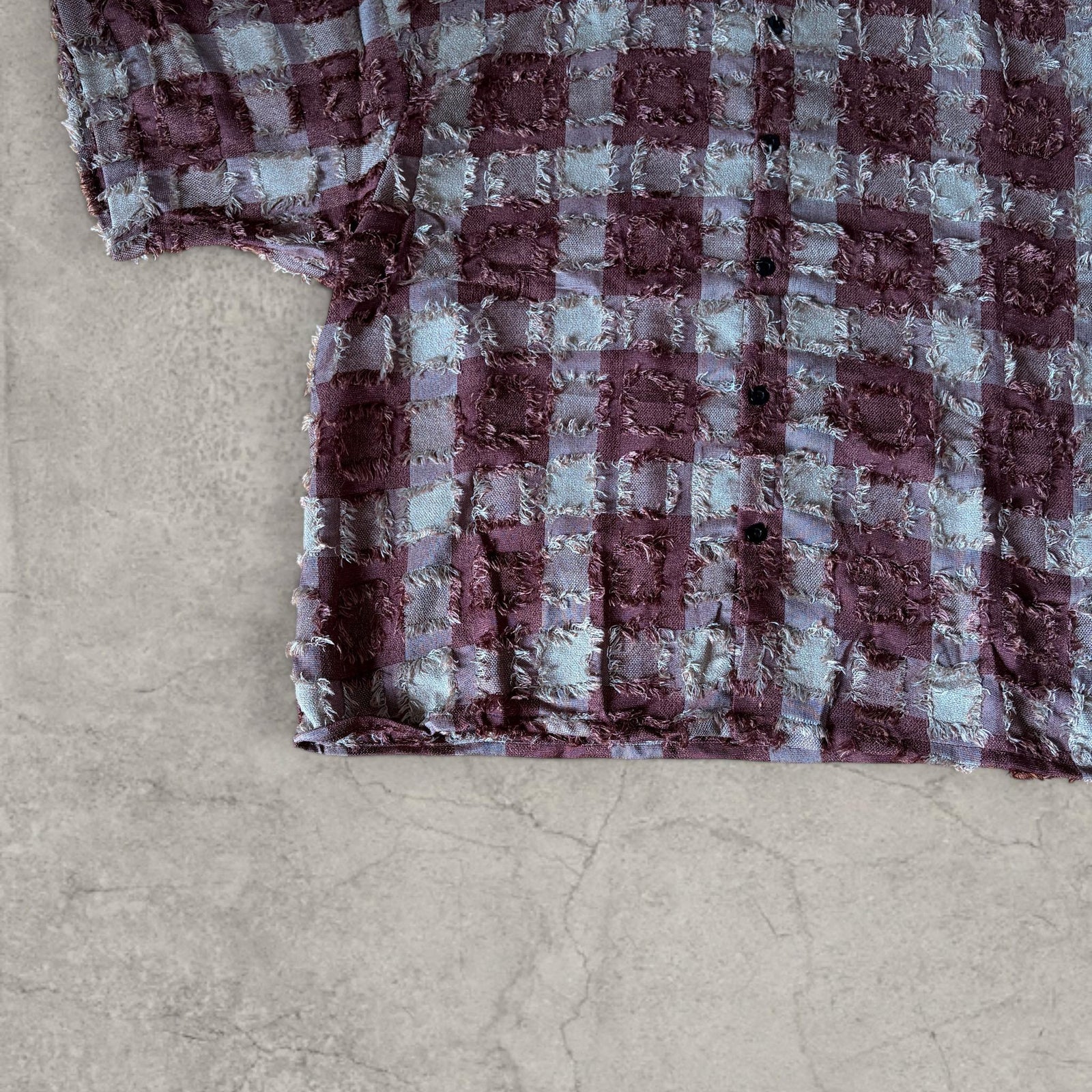 Boxy Burgundy Purple Checkered Shirt: Distressed 90s Style Short Sleeve