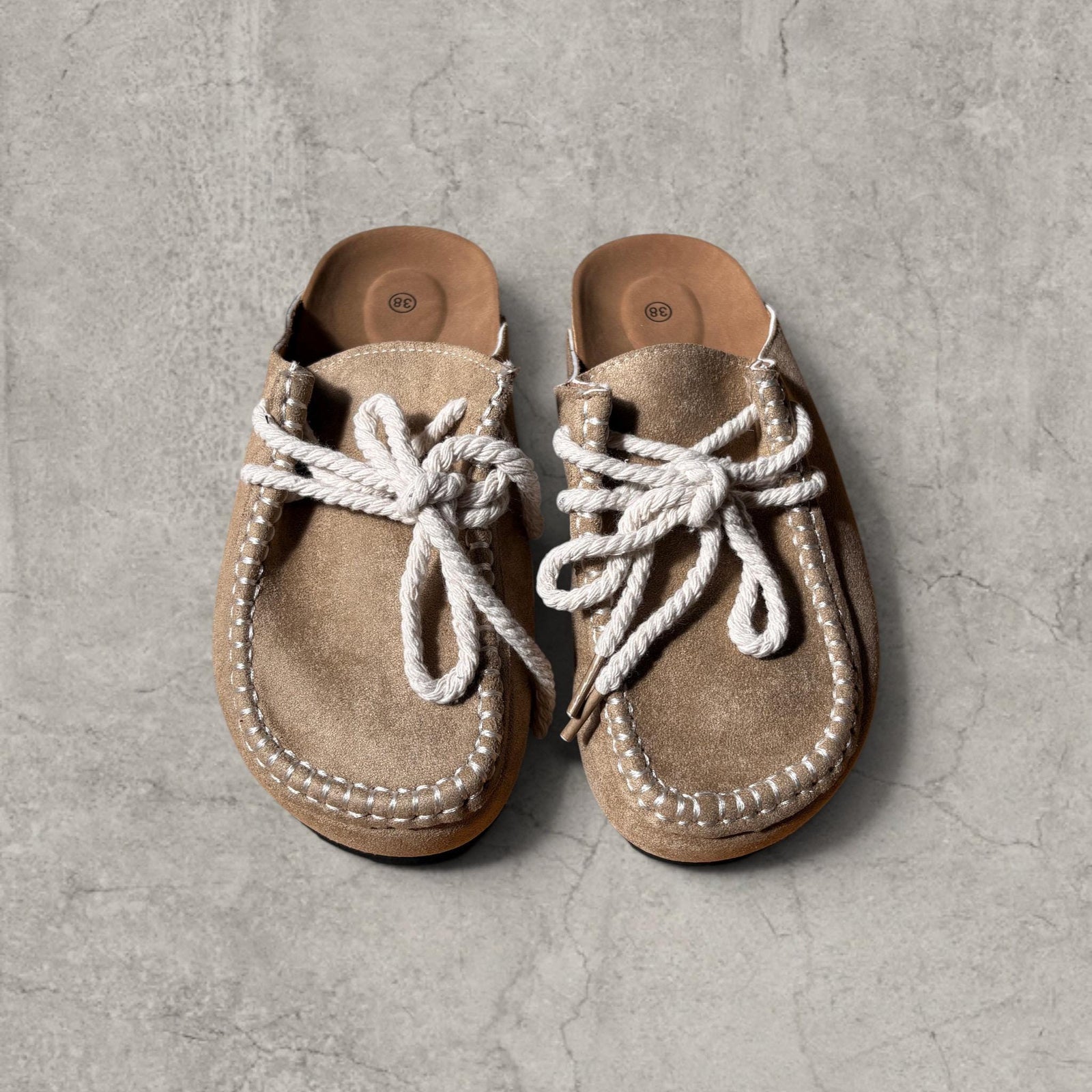 Lace-up mule platform shoes in beige brown suede