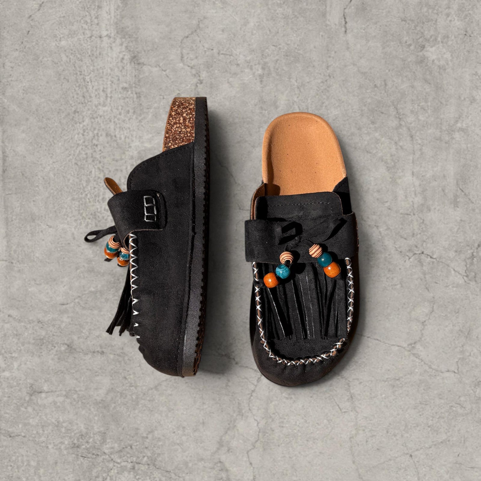 Retro Lace-Up Mules with Bead Detail – Black Vintage Style Shoes