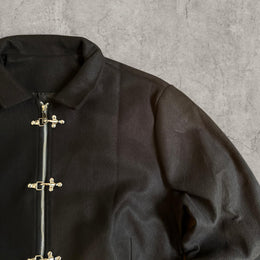 Cool Vintage style Military Style Felt Jacket: Black, Silver Clasps, Collared Bomber
