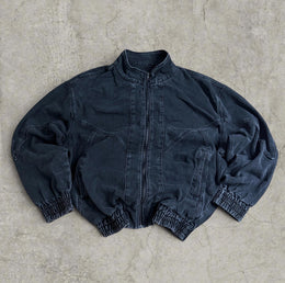 Vintage style collared denim bomber jacket in black and grey