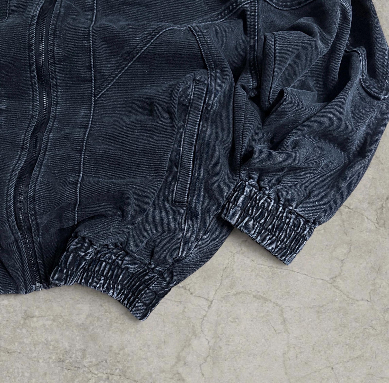 Vintage style collared denim bomber jacket in black and grey