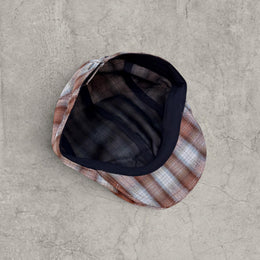 Flat peak beret cap in brown beige checkered plaid