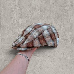 Flat peak beret cap in brown beige checkered plaid