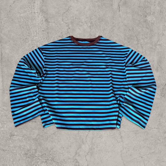 Vintage style relaxed fit long sleeve tshirt top in striped blue/brown.