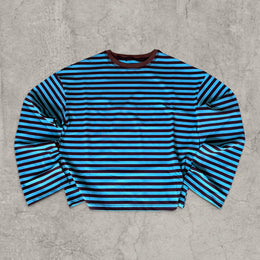 Vintage style relaxed fit long sleeve tshirt top in striped blue/brown.