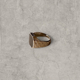 Cool vintage style silver colour stainless steel signet ring checkered with square black onyx gem.