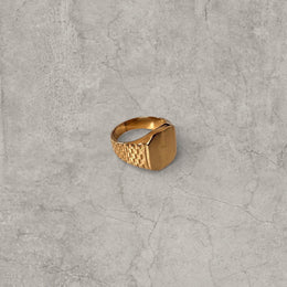 Cool vintage style gold colour stainless steel signet ring checkered detailing with square face.